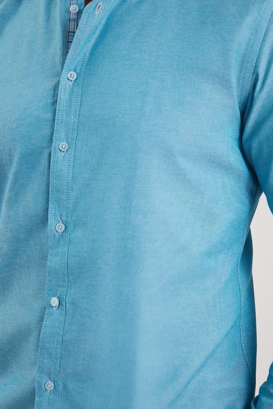 Erkek Slim Fit Dar Kesim Uzun Kollu Pamuklu Oxford Doku Turkuaz Düğmeli Yaka Gömlek