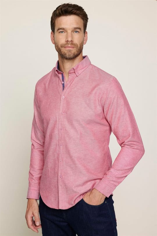 Erkek Slim Fit Dar Kesim Uzun Kollu Pamuklu Oxford Doku Kolay Ütülenebilir Bordo Düğmeli Yaka Gömlek
