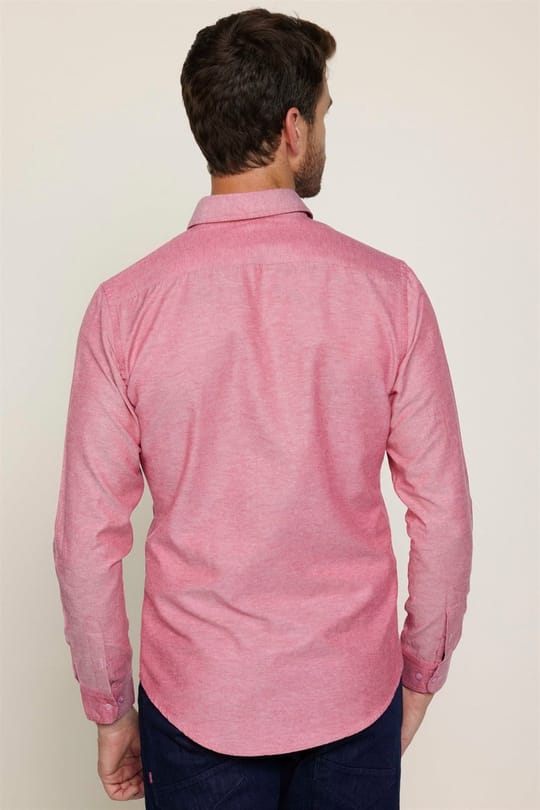 Erkek Slim Fit Dar Kesim Uzun Kollu Pamuklu Oxford Doku Kolay Ütülenebilir Bordo Düğmeli Yaka Gömlek