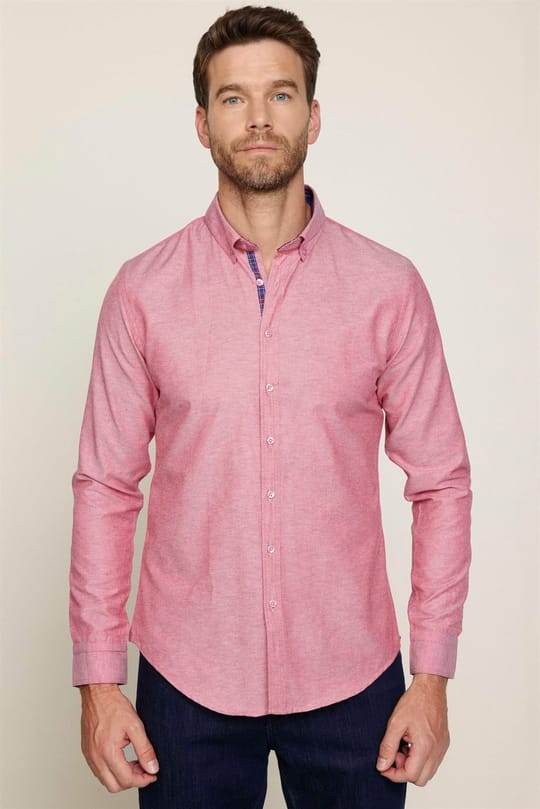 Erkek Slim Fit Dar Kesim Uzun Kollu Pamuklu Oxford Doku Kolay Ütülenebilir Bordo Düğmeli Yaka Gömlek