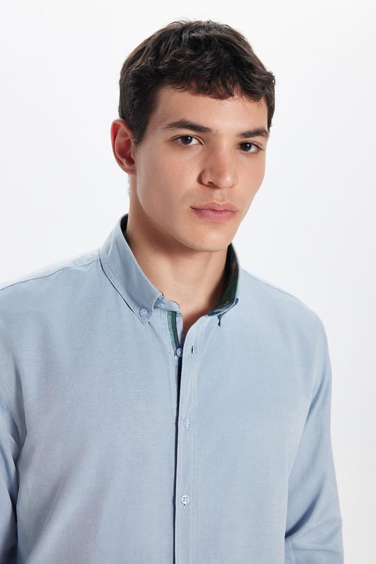 Erkek Slim Fit Dar Kesim Uzun Kollu Pamuklu Oxford Doku Kolay Ütülenebilir Gri Düğmeli Yaka Gömlek