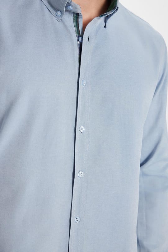 Erkek Slim Fit Dar Kesim Uzun Kollu Pamuklu Oxford Doku Kolay Ütülenebilir Gri Düğmeli Yaka Gömlek