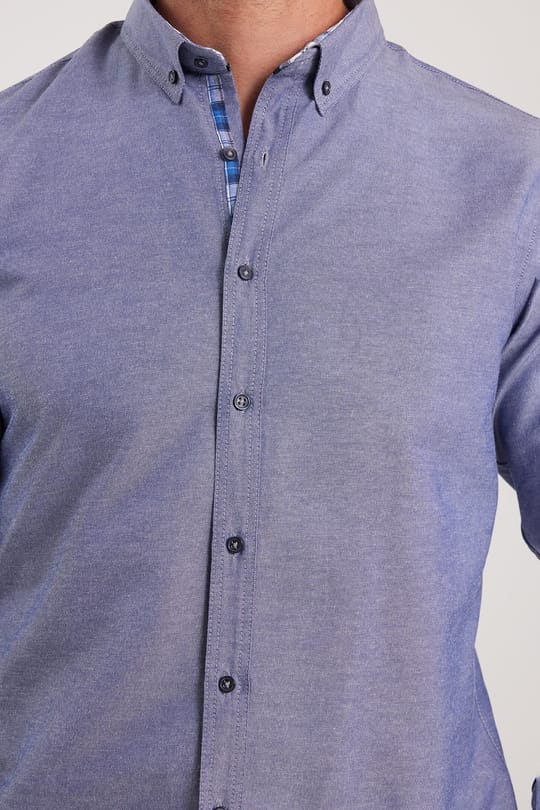 Erkek Slim Fit Dar Kesim Uzun Kollu Pamuklu Oxford Doku Lacivert Düğmeli Yaka Gömlek