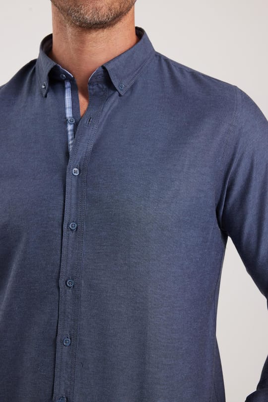 Erkek Slim Fit Dar Kesim Uzun Kollu Pamuklu Oxford Doku Kolay Ütülenebilir Mavi Düğmeli Yaka Gömlek