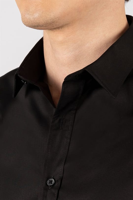 Slim Fit Düz İnce Pamuk Saten Erkek Siyah Gömlek