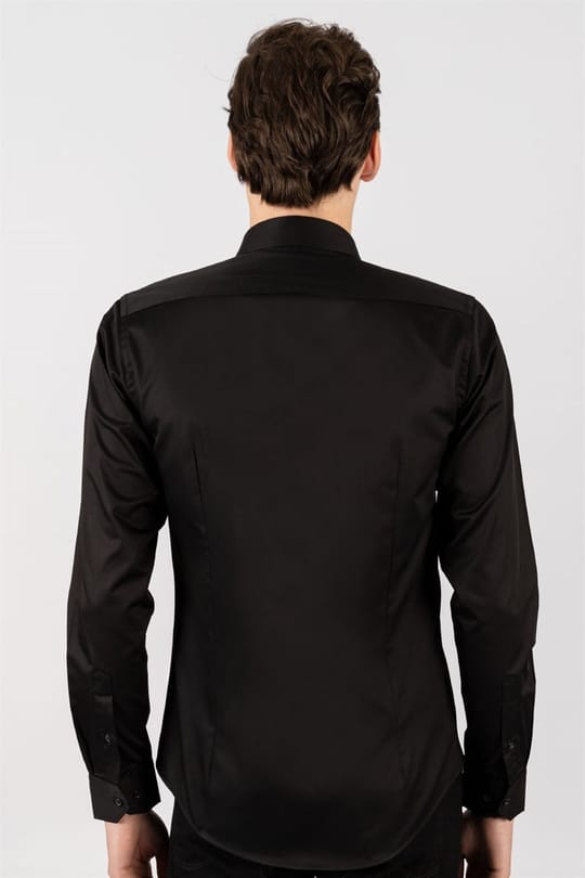 Slim Fit Düz İnce Pamuk Saten Erkek Siyah Gömlek