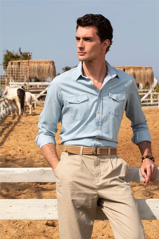 Slim Fit Dar Kesim Uzun Kol Çift Cep Erkek Kot Gömlek