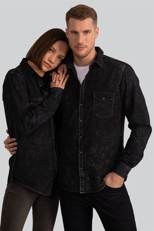 Slim Fit Dar Kesim Uzun Kol Çift Cep Erkek Kot Gömlek