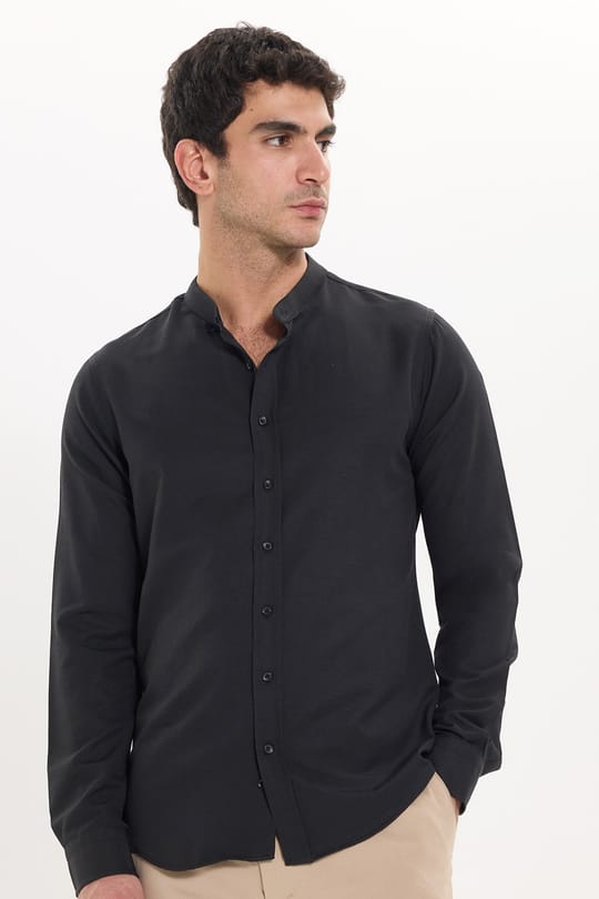 Erkek Slim Fit Dar Kesim Pamuklu Kolay Ütülenebilir Siyah Hakim Yaka Gömlek