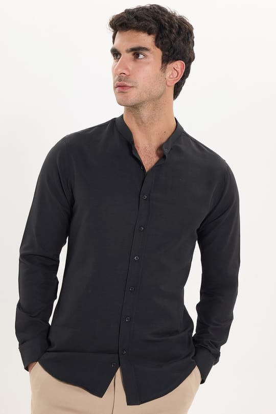 Erkek Slim Fit Dar Kesim Pamuklu Kolay Ütülenebilir Siyah Hakim Yaka Gömlek