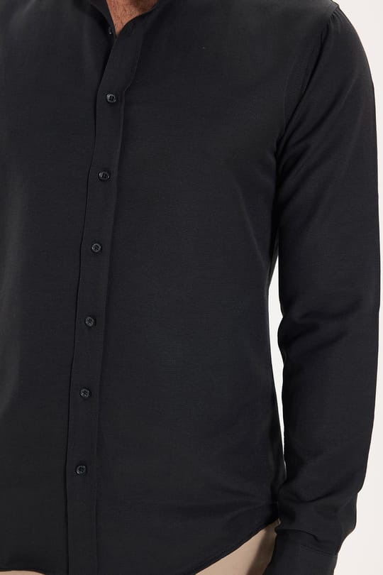 Erkek Slim Fit Dar Kesim Pamuklu Kolay Ütülenebilir Siyah Hakim Yaka Gömlek