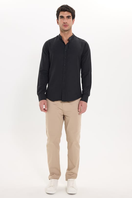 Erkek Slim Fit Dar Kesim Pamuklu Kolay Ütülenebilir Siyah Hakim Yaka Gömlek