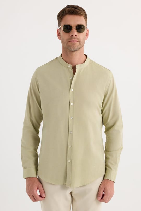 Erkek Slim Fit Dar Kesim Pamuklu Kolay Ütü Yeşil Hakim Yaka Gömlek