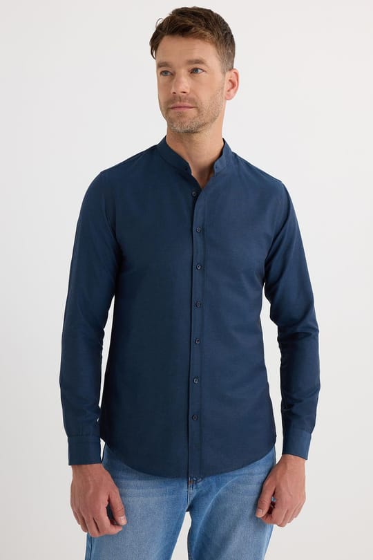 Erkek Slim Fit Dar Kesim Pamuklu Kolay Ütü Lacivert Hakim Yaka Gömlek