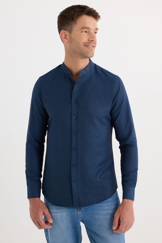 Erkek Slim Fit Dar Kesim Pamuklu Kolay Ütü Lacivert Hakim Yaka Gömlek