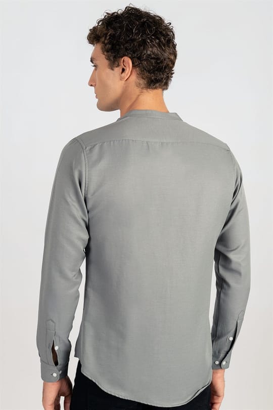 Erkek Slim Fit Dar Kesim Pamuklu Kolay Ütü Gri Hakim Yaka Gömlek