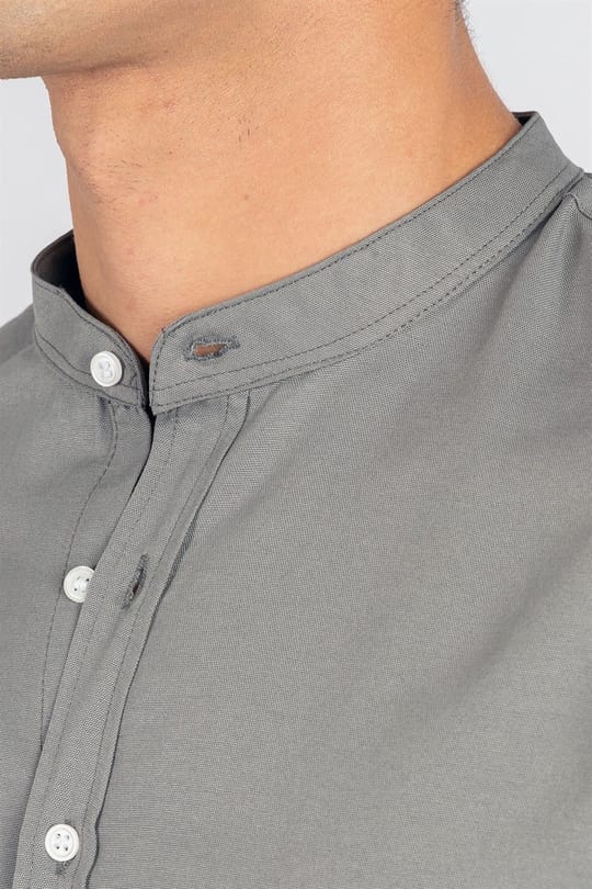 Erkek Slim Fit Dar Kesim Pamuklu Kolay Ütü Gri Hakim Yaka Gömlek