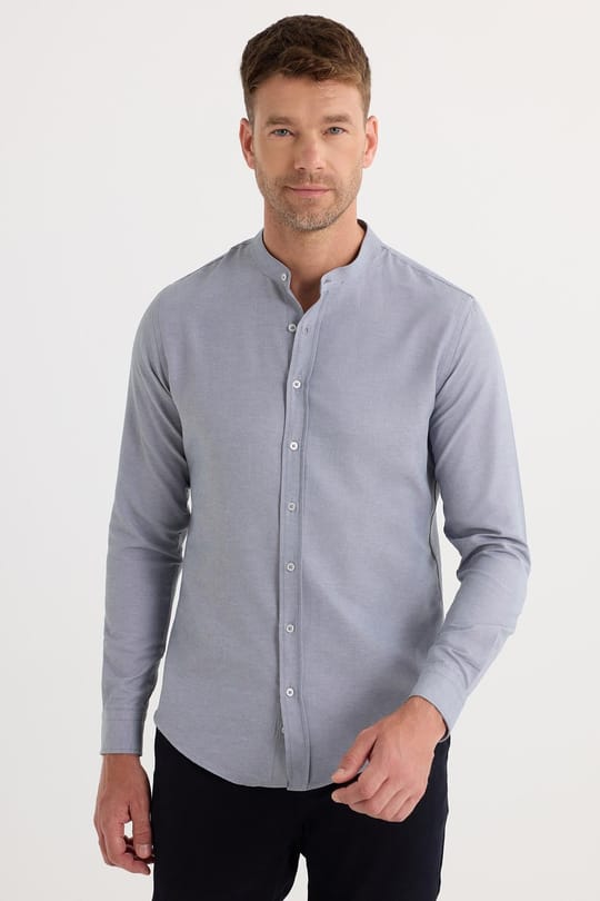 Erkek Slim Fit Dar Kesim Pamuklu Kolay Ütü Gri Hakim Yaka Gömlek 
