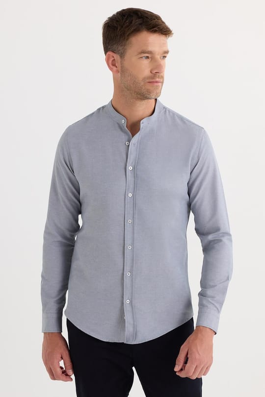 Erkek Slim Fit Dar Kesim Pamuklu Kolay Ütü Gri Hakim Yaka Gömlek 