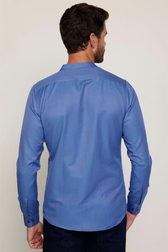 Slim Fit Uzun Kollu Hakim Yaka Pamuklu Kolay Ütü Erkek Mavi Gömlek