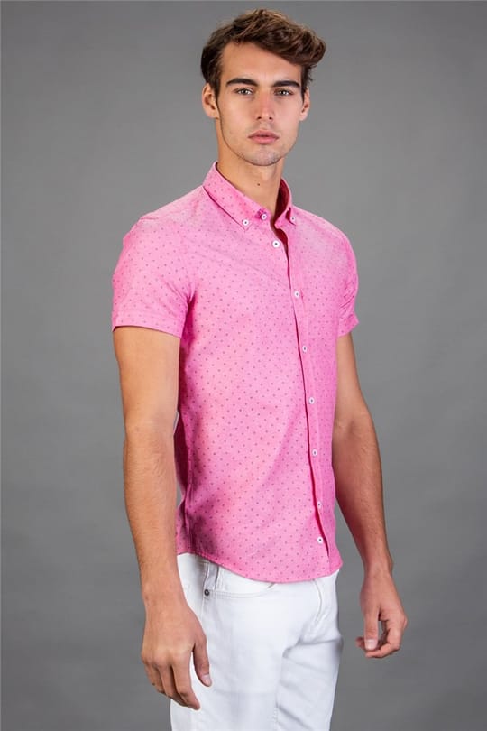 Slim Fit Kısa Kollu Desenli Erkek Fuşya Pembe Gömlek