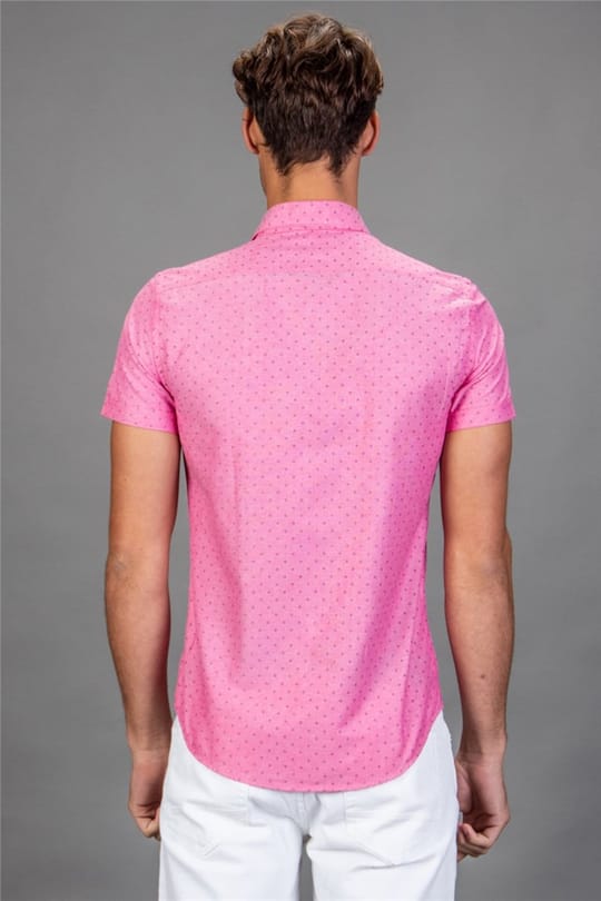 Slim Fit Kısa Kollu Desenli Erkek Fuşya Pembe Gömlek