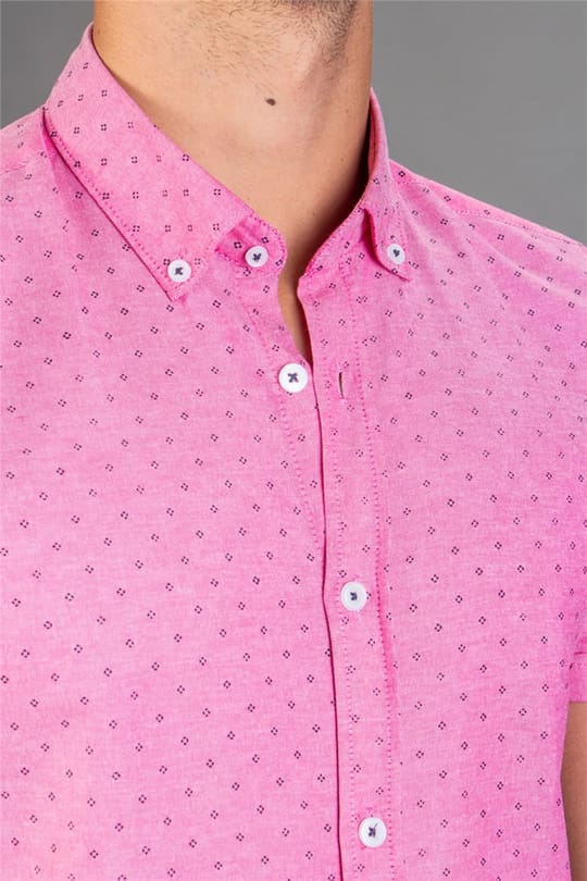 Slim Fit Kısa Kollu Desenli Erkek Fuşya Pembe Gömlek