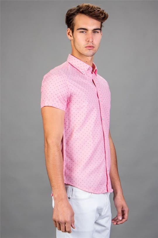 Slim Fit Kısa Kollu Desenli Erkek Pembe Gömlek