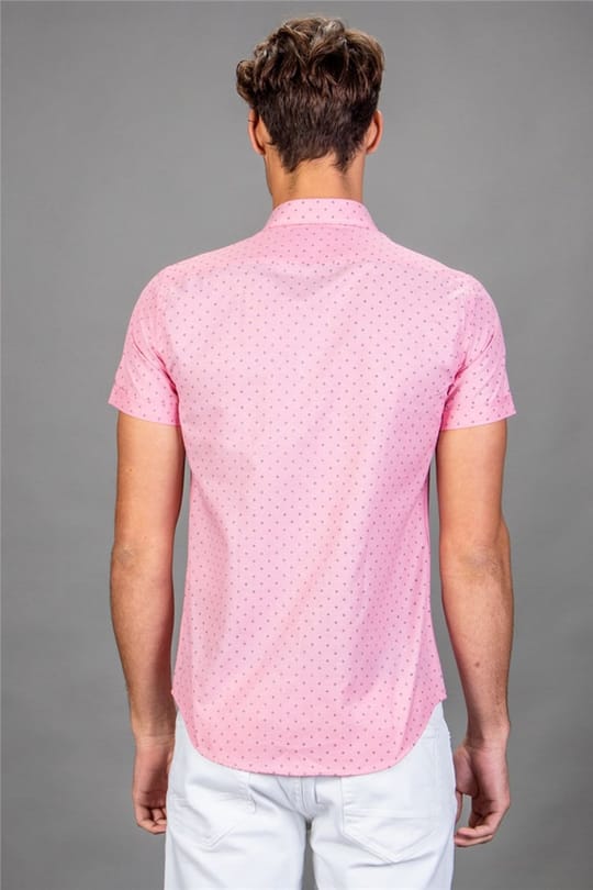 Slim Fit Kısa Kollu Desenli Erkek Pembe Gömlek