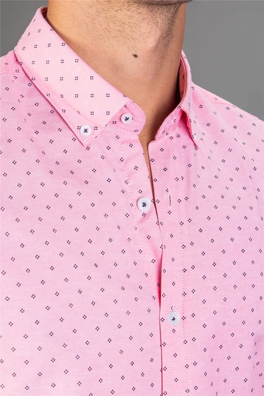 Slim Fit Kısa Kollu Desenli Erkek Pembe Gömlek