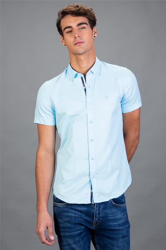 Slim Fit Dar Kesim Kısa Kol Poplin Oxford Erkek Gömlek