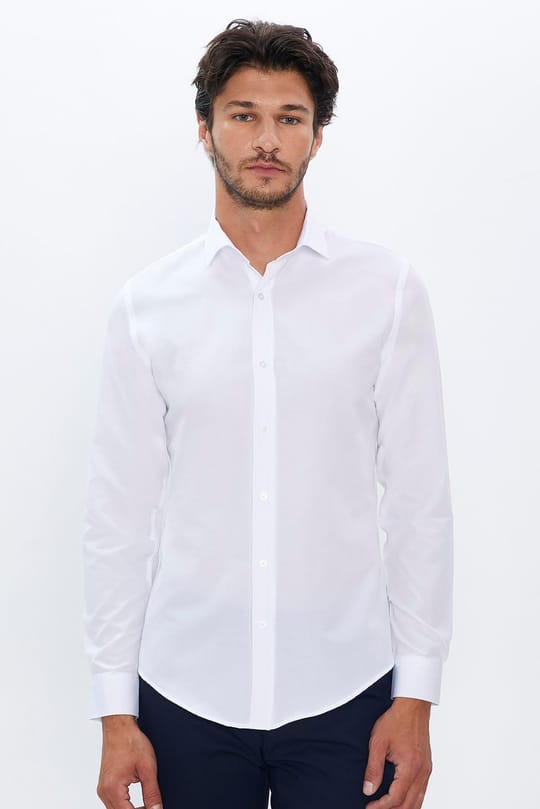 Slim Fit Uzun Kollu Pamuklu Kolay Ütü Beyaz Erkek Gömlek
