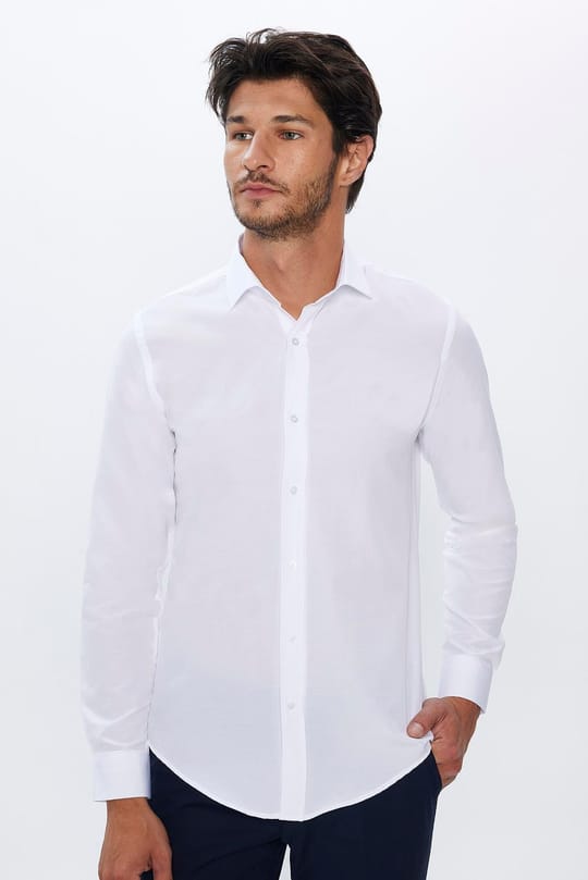 Slim Fit Uzun Kollu Pamuklu Kolay Ütü Beyaz Erkek Gömlek