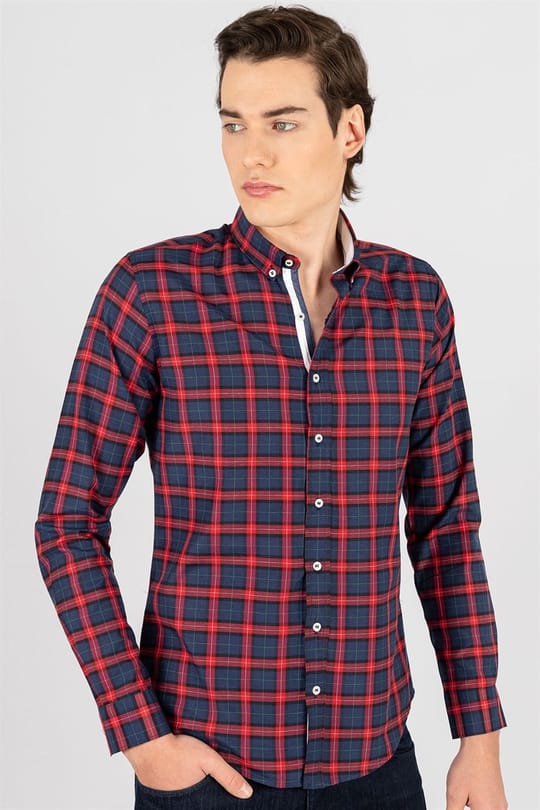 Slim Fit Uzun Kollu Düğmeli Yaka Kareli Pamuklu Kolay Ütü Erkek Gömlek
