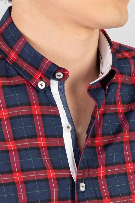 Slim Fit Uzun Kollu Düğmeli Yaka Kareli Pamuklu Kolay Ütü Erkek Gömlek