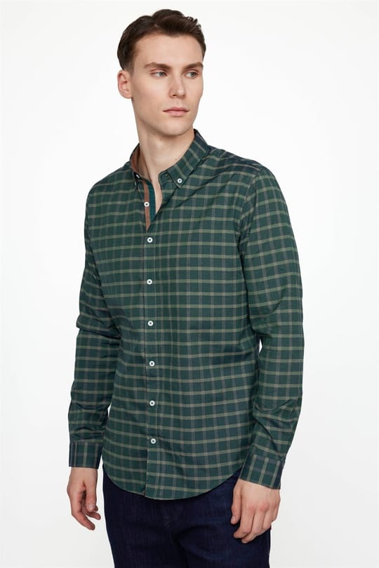Slim Fit Uzun Kollu Düğmeli Yaka Kareli Pamuklu Kolay Ütü Erkek Gömlek