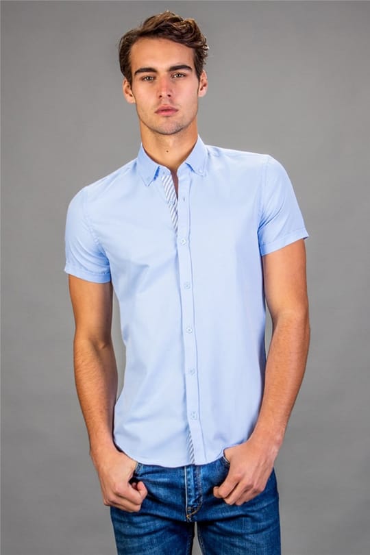Slim Fit Kısa Kollu Spor Erkek Mavi Açık Mavi Gömlek