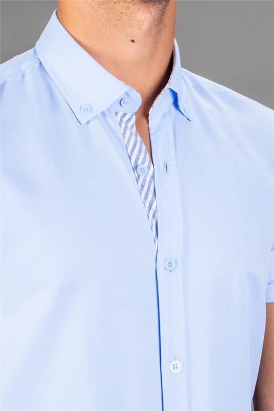 Slim Fit Kısa Kollu Spor Erkek Mavi Açık Mavi Gömlek