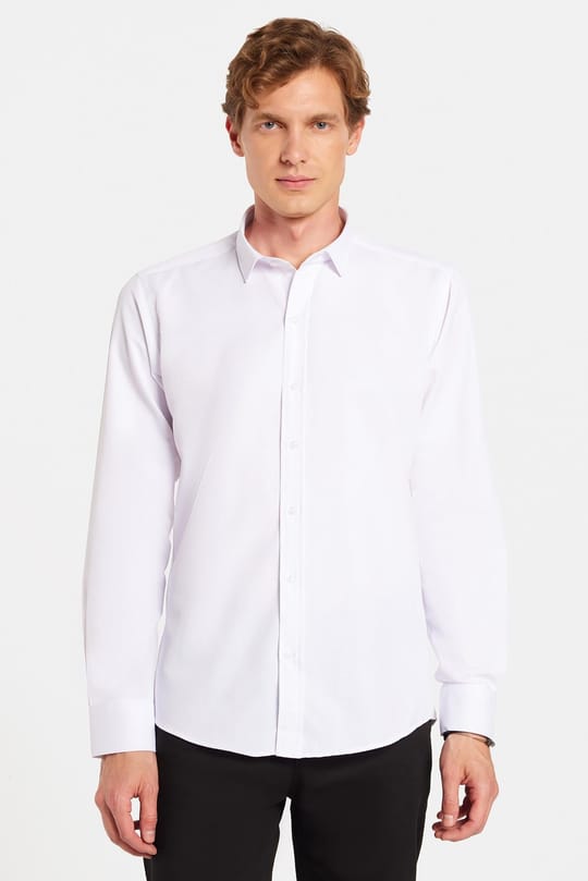 Modern Slim Fit Uzun Kollu Pamuklu Kolay Ütü Armürlü Beyaz Erkek Gömlek