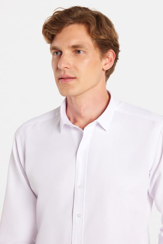 Modern Slim Fit Uzun Kollu Pamuklu Kolay Ütü Armürlü Beyaz Erkek Gömlek