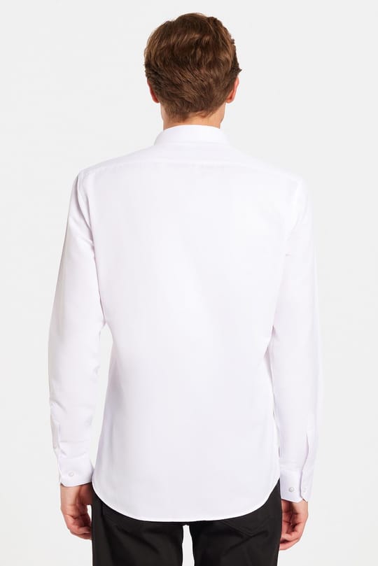 Modern Slim Fit Uzun Kollu Pamuklu Kolay Ütü Armürlü Beyaz Erkek Gömlek