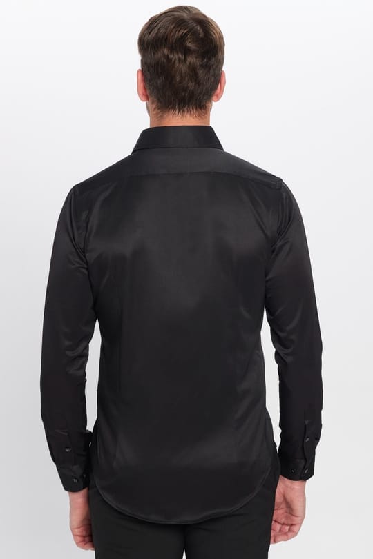 Erkek Slim Fit Dar Kesim Pamuklu Düz Siyah Gömlek
