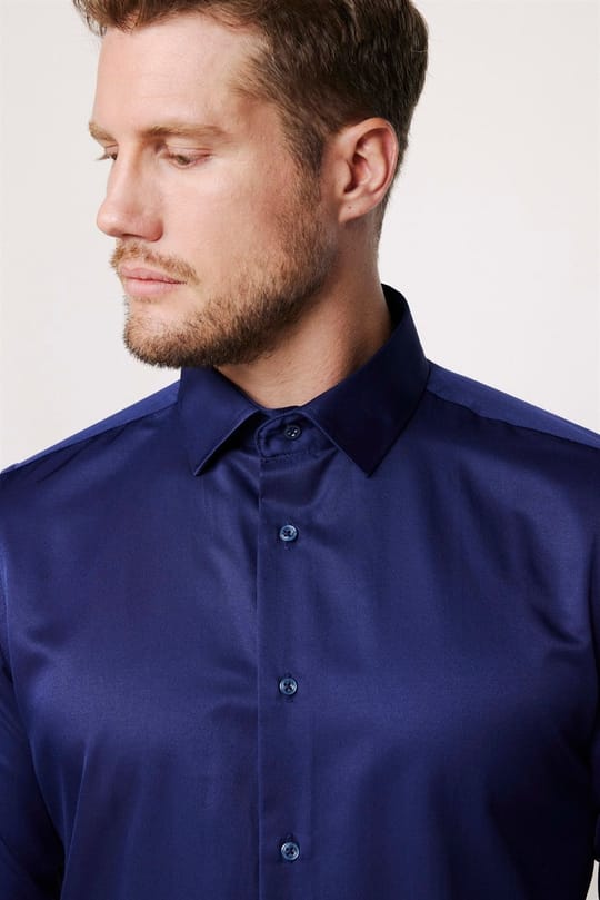 Slim Fit Uzun Kollu Pamuklu Düz Erkek Lacivert Gömlek