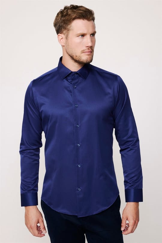Slim Fit Uzun Kollu Pamuklu Düz Erkek Lacivert Gömlek