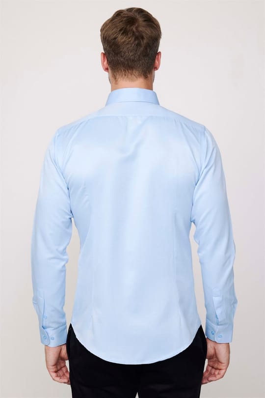 Slim Fit Uzun Kollu Pamuklu Düz Erkek Mavi Gömlek