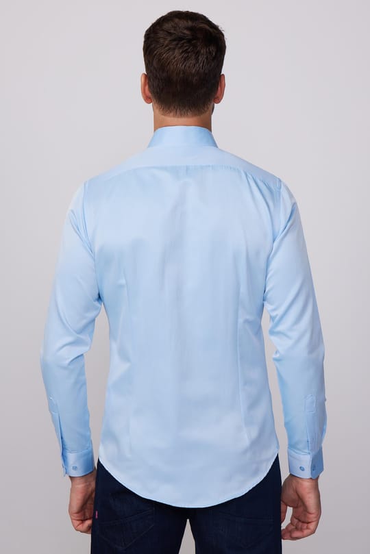 Slim Fit Uzun Kollu Pamuklu Düz Erkek Mavi Gömlek