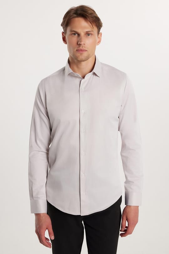 Slim Fit Uzun Kollu Pamuklu Düz Erkek Bej Gömlek