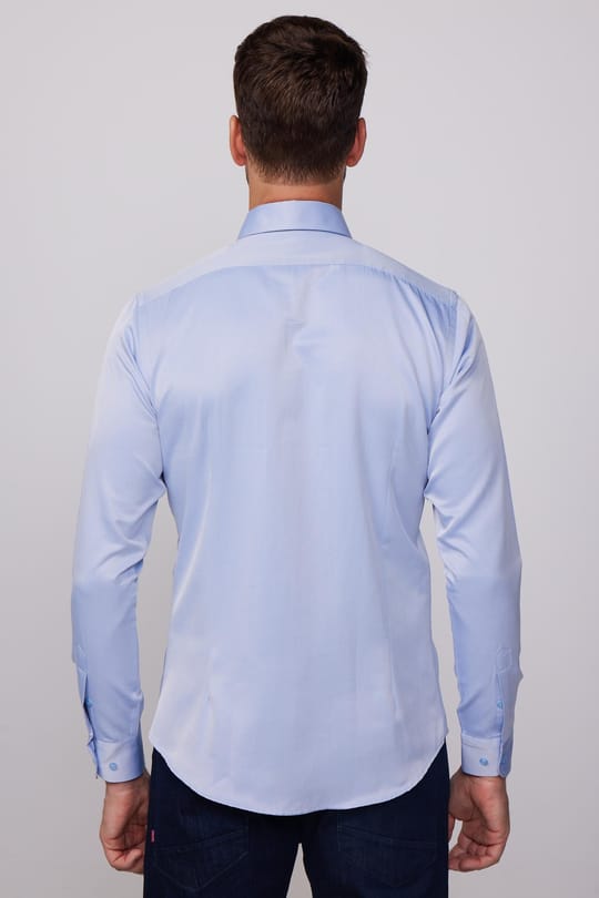 Slim Fit Uzun Kollu Pamuklu Düz Erkek İndigo Gömlek