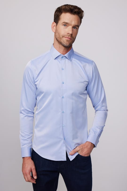 Slim Fit Uzun Kollu Pamuklu Düz Erkek İndigo Gömlek