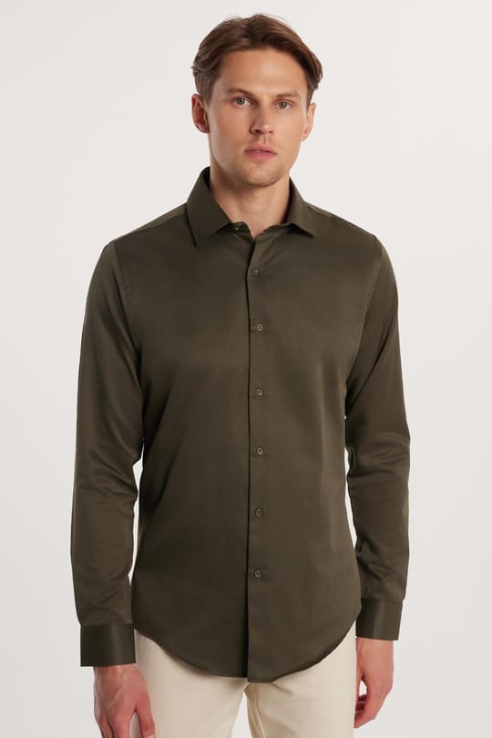 Erkek Slim Fit Dar Kesim Pamuklu Haki Gömlek